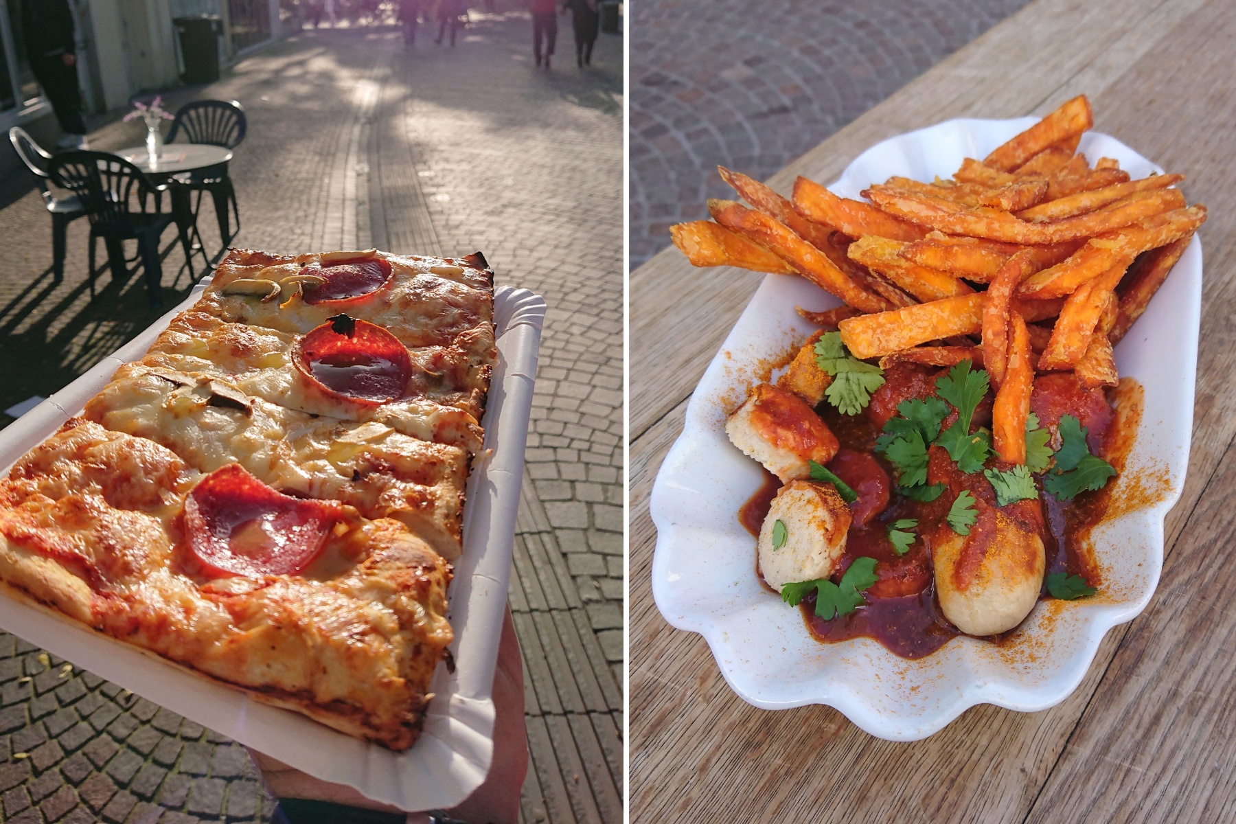 Das Foto zeigt eine Pizza von Rigatoni Toni und eine Currywurst von Kalinksi in Saarbrücken