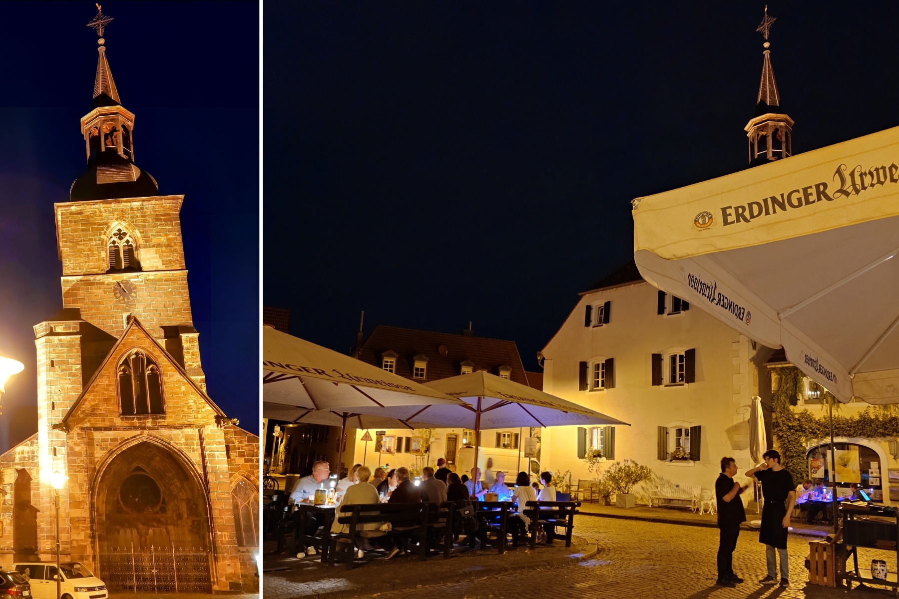 Das Foto zeigt die Stiftskirche in Sankt Arnual und das Restaurant "Unter der Linde"