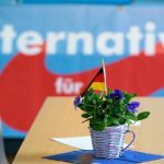 Ein Blumentopf mit einer Deutschlandfahne steht in der Kulturhalle Völklingen-Wehrden beim Landesparteitag der saarländischen AfD auf einem Tisch.