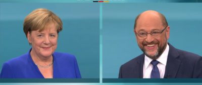 Angela Merkel (CDU) und Martin Schulz (SPD) trafen am Sonntagabend im TV-Duell aufeinander. Foto: -/MG RTL D/dpa-Bildfunk.