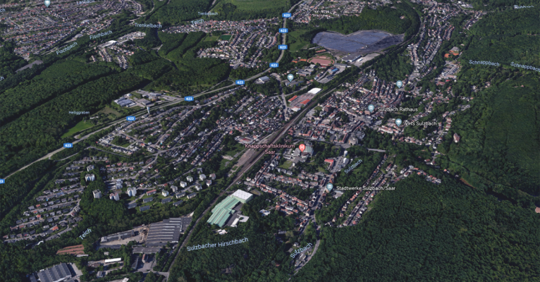 In Sulzbach/Saar kümmert sich bald eine City-Wache um die Belange der Bürger. 3D-Grafik: DigitalGlobe Geobasis-DE/BKG.