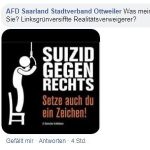 Der AfD-Stadtverband Ottweiler ruft per Bild zum "Suizid gegen rechts" auf. Screenshot Facebook