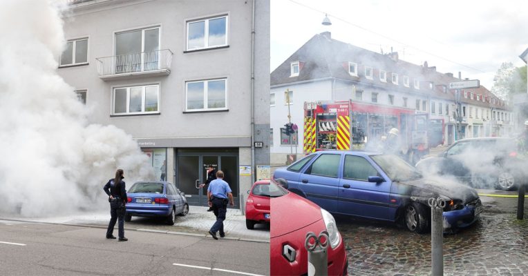 Aufnahmen des brennenden Autos in Saarbrücken. Foto: BeckerBredel
