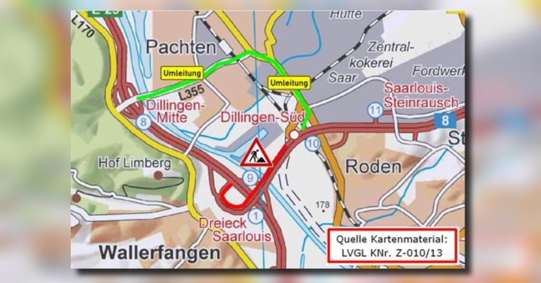 Im Baustellenbereich wird die Fahrbahn-Markierung erneuert. Grafik: Landesbetrieb für Straßenbau.