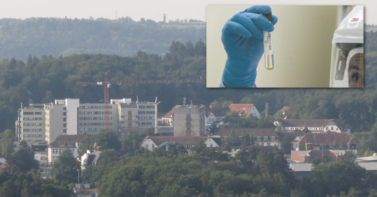 Der Patient befindet sich derzeit an der Uniklinik in Homburg. Fotos: (Hintergrund) Wikimedia Commons/atreyu/CC3.0-Lizenz | (oben rechts): dpa-Bildfunk/Minsa/Agentur Andina/GATO