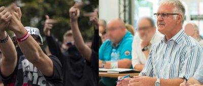 Illingens Bürgermeister, Armin König (rechts), kritisiert das Vorgehen in der polnischen Partnerstadt Tuchow. Links im Bild: Maskierte Hooligans zeigen Teilnehmern eines Gleichstellungsmarsches "den Finger". Fotos: (links) dpa-Bildfunk/Attila Husejnow | (rechts) dpa-Bildfunk/Oliver Dietze