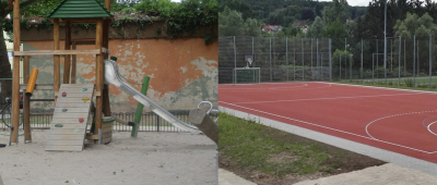 Links zu sehen: der neue Spielplatz auf dem Pfarrer-Bleek-Platz in Malstatt. Rechts im Bild: der neue Bolzplatz in Jägersfreude. Fotos: Landeshauptstadt Saarbrücken