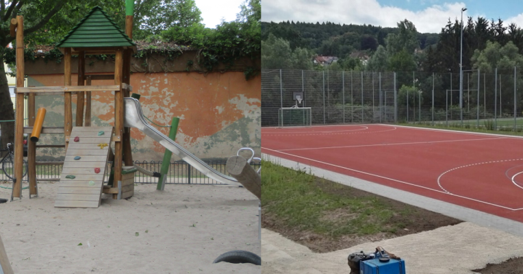 Links zu sehen: der neue Spielplatz auf dem Pfarrer-Bleek-Platz in Malstatt. Rechts im Bild: der neue Bolzplatz in Jägersfreude. Fotos: Landeshauptstadt Saarbrücken