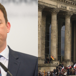 Rechts im Bild: der Vorfall an der Reichstagstreppe in Berlin (dpa-Bildfunk/Lukas Dubro). Links im Bild: Saar-Ministerpräsident Tobias Hans (dpa-Bildfunk/Oliver Dietze)