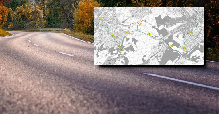 Hier zu sehen (rechts oben): der betroffene Streckenabschnitt. Fotos: (Hintergrund) Pixabay | (Strecke) Kohns Plan GmbH/LfS