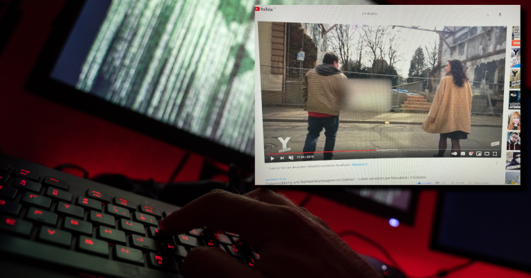 Im Darknet werden Rufmord-Kampagnen angeboten. Fotos: (Hintergrund) dpa-Bildfunk/Nicolas Armer | (Screenshot) YouTube/Y-Kollektiv